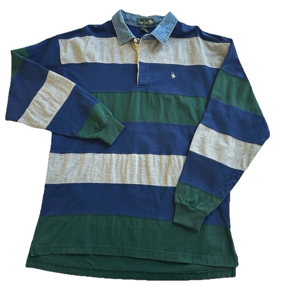 VTG Kings Court Rugby Polo Shirt Block Wide Striped Denim Collar–XL-Preppy Y2K